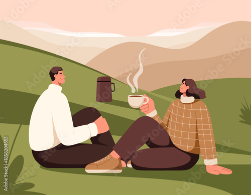 A couple sits comfortably on a green hillside, sipping coffee and enjoying the peaceful surroundings, highlighting love, connection, and tranquility in nature.