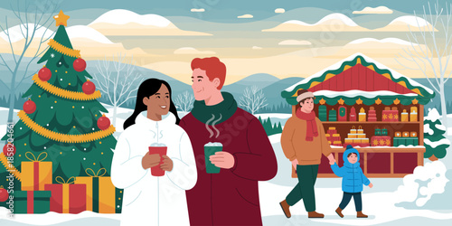 A happy couple holding cups of warm beverages stands together in a winter landscape filled with festivities, celebrating love and joy during the holiday season.