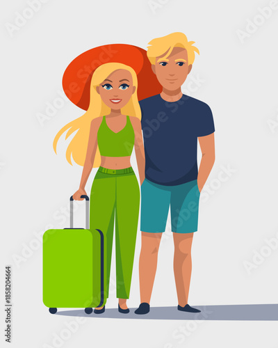 A cheerful couple stands together with a bright green suitcase, symbolizing adventure and happiness as they embark on their vacation journey.