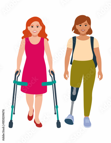 Two diverse women stand confidently together, one with a prosthetic leg and the other with crutches, showcasing strength, resilience, and empowerment in overcoming challenges.