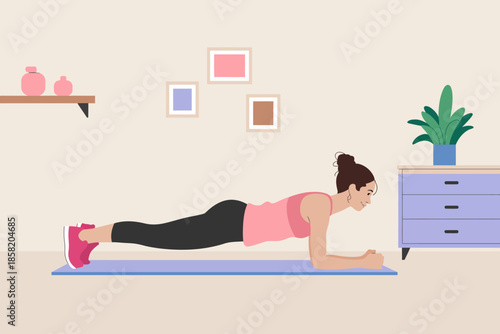 A determined woman performs a plank exercise on a yoga mat, showcasing strength and dedication, ideal for fitness and health-related content.