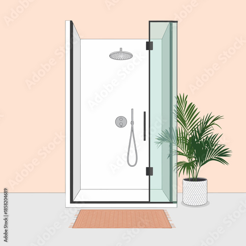 This image showcases a sleek, modern shower design featuring a glass panel, showerhead, and lush green plants, ideal for minimalistic bathroom decor inspiration.