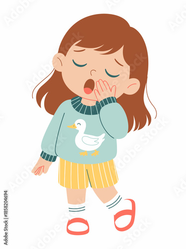 A cute illustration of a young girl yawning while wearing a cozy sweater and shorts, showcasing a playful and relaxed vibe that resonates with childhood innocence and comfort.