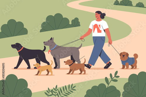A woman walks five dogs of different breeds along a scenic path surrounded by lush greenery, showcasing the joys of outdoor exercise and companionship with pets.