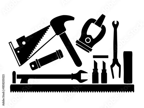 Black and White Wood Plank  Hand Saw  Wood Clamp  Chisel  Hammer   Icon Vector