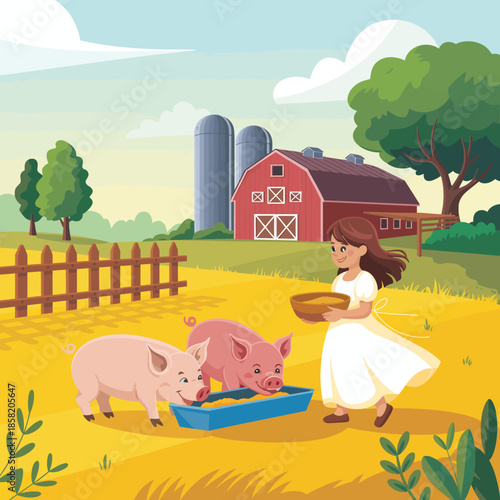 In this charming scene, a little girl feeds two adorable pigs, showcasing the warmth of childhood and the beauty of farm life against a picturesque rural backdrop.