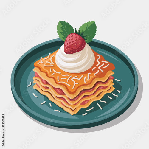 This appealing illustration presents a layered lasagna dish, garnished with whipped cream and fresh strawberries, combining savory and sweet elements in a delightful visual feast.