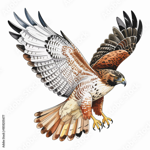Fotografie A breathtaking depiction of a hawk in flight, showcasing its powerful wings and keen eyes, symbolizing freedom, nature’s grace, and the beauty of wildlife in its natural habitat