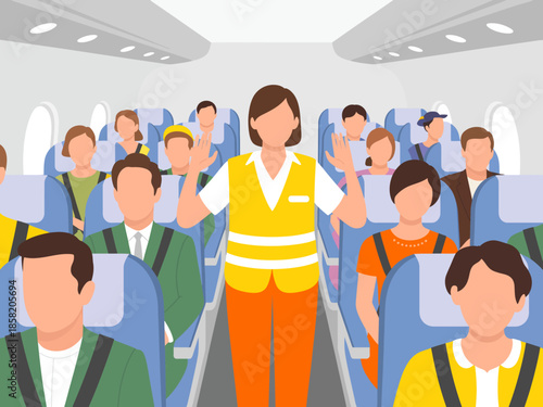 A flight attendant demonstrates safety procedures to passengers on a plane, emphasizing the importance of safety during air travel in a calm, instructive manner.