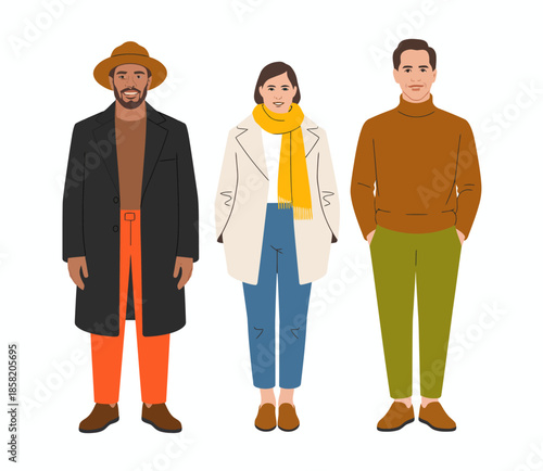 Three diverse characters standing together in stylish outfits, showcasing varied fashion choices and personalities, emphasizing individuality and modern trends.