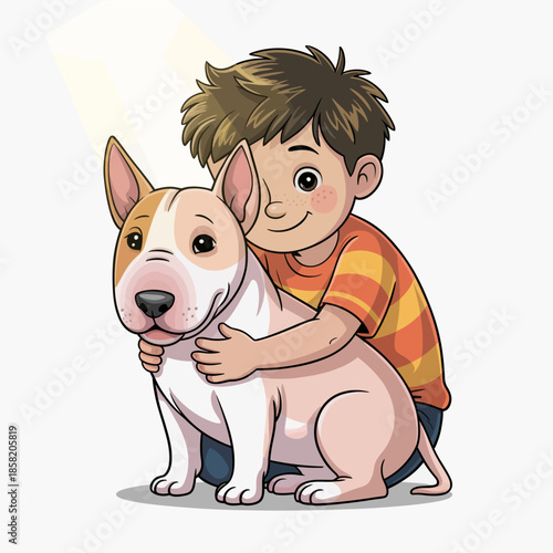 A young boy joyfully embraces his playful dog, capturing the essence of childhood innocence, friendship, and the unbreakable bond between children and pets.
