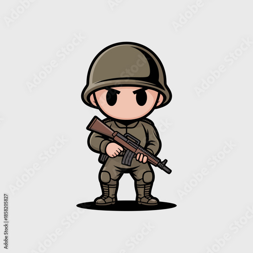 This illustration depicts a cartoon-style soldier holding a rifle, showcasing determination and strength. The character is presented in a playful yet powerful manner.