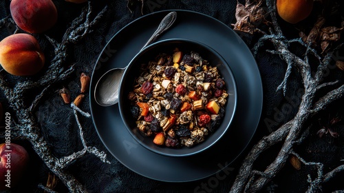 Overhead Shot of Dark Oatmeal Bowl with Fruit Toppings on Black Plate with Spoon and Peaches on Dark Textured Surface in Low Key Lighting