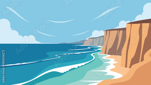 Coastal Cliff and Ocean Landscape Illustration with Blue Sea and Sky