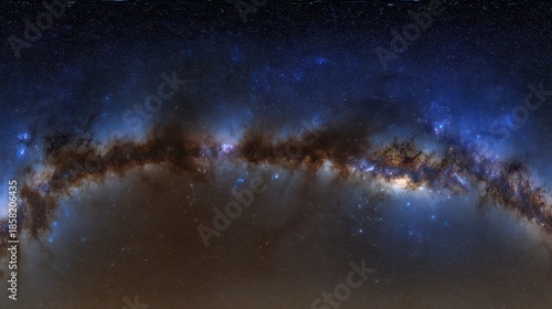 Panoramic View of Milky Way Galaxy with Countless Stars and Nebula Dust in a Dark Sky at Night