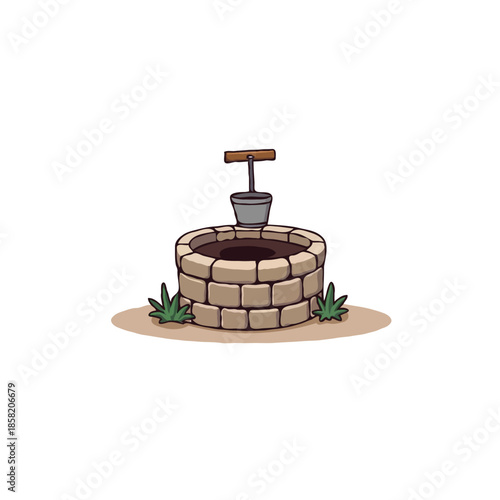 Rustic stone well illustration depicting groundwater access in a simple pastoral landscape