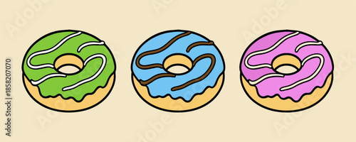 Set of colored donuts, sketch style with pink,cokelat, matcha colors