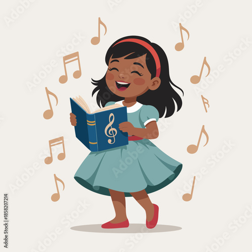 An adorable illustration of a young girl happily singing while holding a music book, surrounded by floating musical notes, representing joy and the power of music in childhood.