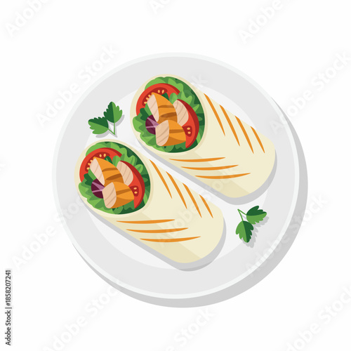 A beautifully plated dish comprising delicious wraps filled with fresh vegetables, grilled meat, and herbs, perfect for a healthy meal option or a flavorful snack.