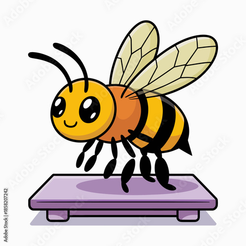 A cute and animated cartoon bee smiles while flying over a purple platform, representing the beauty of nature and the importance of bees in the ecosystem.