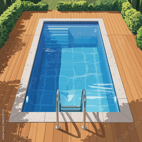 A serene swimming pool reflects clear blue water under the sunlight, surrounded by lush greenery, presenting a perfect tranquil escape for relaxation and leisure.