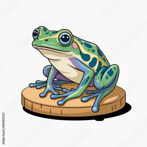 A vibrant frog figurine perched on a wooden base, showcasing its lively hues and detailed features, representing nature's beauty and the colorful diversity of amphibians.