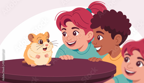 Two children are cheerfully looking at a cute hamster perched on a table, illustrating friendship, curiosity, and joy in childhood moments while enjoying the companionship of pets.