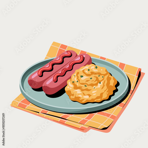 A comforting plate featuring hot dogs alongside creamy mashed potatoes, evoking feelings of home-cooking, simplicity, and comfort food culture.