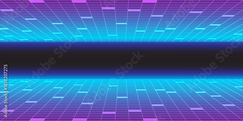 Abstract futuristic digital room interior with neon blue glowing grid tiles on floor and ceiling