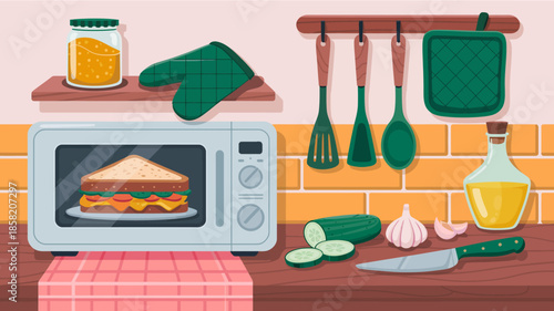 A cozy kitchen scene featuring a sandwich in the microwave, surrounded by various kitchen utensils, emphasizing home-cooking and culinary creativity in a vibrant setting.