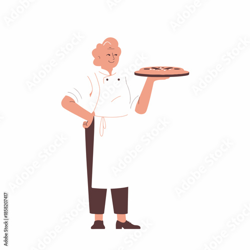 A cheerful chef holds a freshly baked pizza, showcasing his culinary skills with a warm smile, embodying passion for cooking and a love for great food.