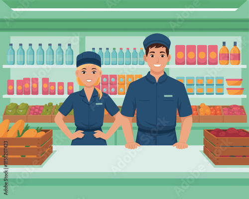 An inviting illustration of two cheerful grocers in a marketplace, surrounded by vibrant fruits and vegetables, promoting a warm, community-oriented shopping experience.