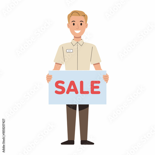 This illustration features a friendly salesperson holding a 'SALE' sign, embodying enthusiasm and inviting buyers to explore exciting deals in a cheerful environment.