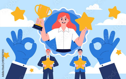 A joyful illustration depicting a celebratory award ceremony where individuals receive honors, highlighting achievements and motivation in a professional environment.