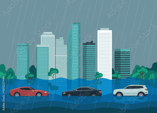 An illustrative scene of urban flooding, showcasing cars stranded in a flooded roadway with a backdrop of large skyscrapers under a relentless rainstorm, depicting nature's impact.