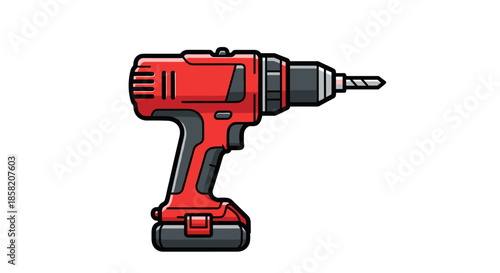 Red and black cordless power drill with a modern industrial design shown in a clean flat vector illustration for tool catalogs.
