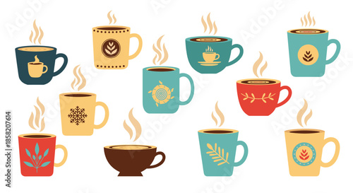 Decorative collection of coffee mugs in various colors and designs featuring coffee beans, snowflakes, and leaf patterns.