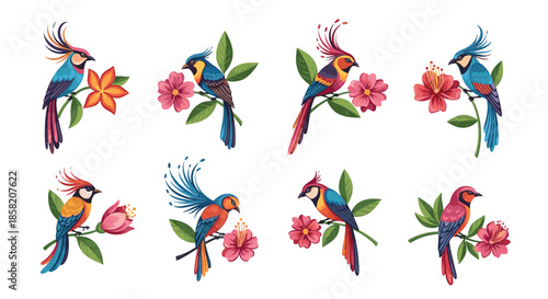 Vibrant collection of exotic tropical birds perched on branches with colorful flowers and lush green leaves in a painterly style.