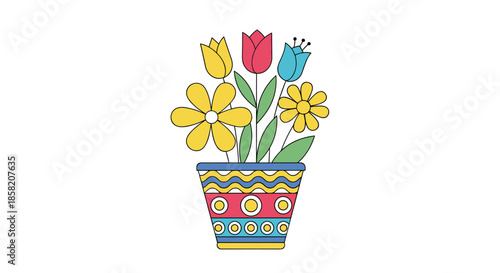 Colorful bouquet of tulips and daisies in a brightly patterned pot featuring wavy lines and circles in a flat vector design.