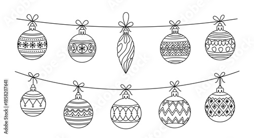 Decorative black and white line art illustration of various patterned Christmas ornaments hanging on two separate strings for coloring.
