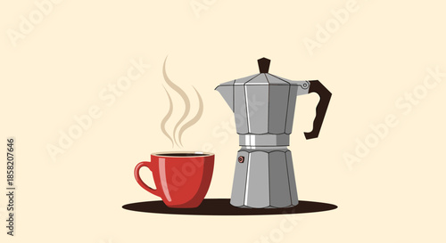 Moka pot coffee maker next to a steaming red cup of espresso on a light beige background in a clean flat illustration style.