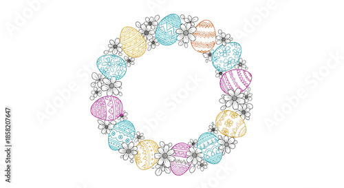 Beautiful circular wreath made of patterned Easter eggs and small flowers in thin line art style with subtle pastel colors.
