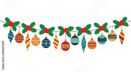 Festive Christmas garland featuring colorful hanging baubles and green holly leaves with red berries on plain white background.