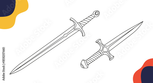 Black and white line art illustration of a long sword and a shorter dagger placed diagonally on a modern geometric background.
