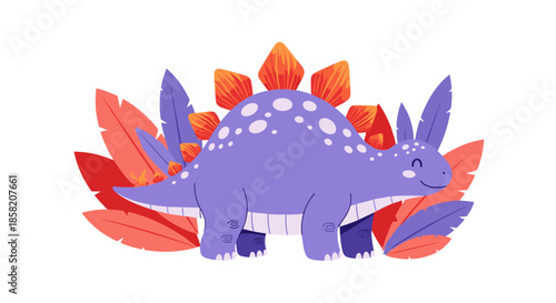 Friendly purple stegosaurus dinosaur standing among colorful red and purple leaves in a cute cartoon illustration for children.