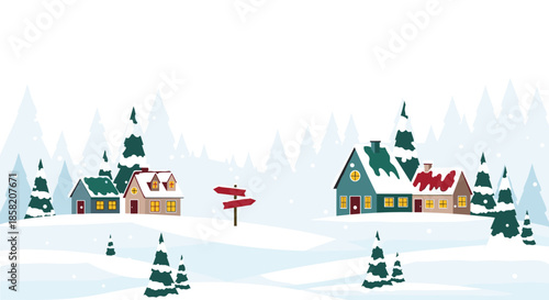 Peaceful winter landscape illustration featuring small houses covered in snow among pine trees under a clear white sky.