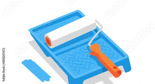 Isometric illustration of a white paint roller sitting in a blue paint tray with a smudge of blue paint on the side of it.