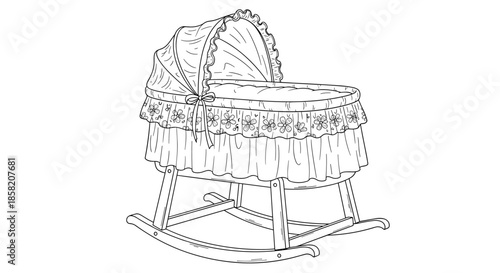 Detailed black and white line art illustration of a classic rocking baby cradle with a large canopy and decorative frills.