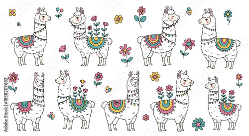 Pattern set of cute illustrated llamas with colorful saddles and various blooming flowers on a plain white background for kids.
