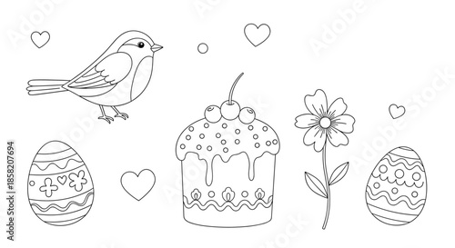 Collection of Easter-themed line art icons including a bird, decorated eggs, a spring flower, and a traditional holiday cake.